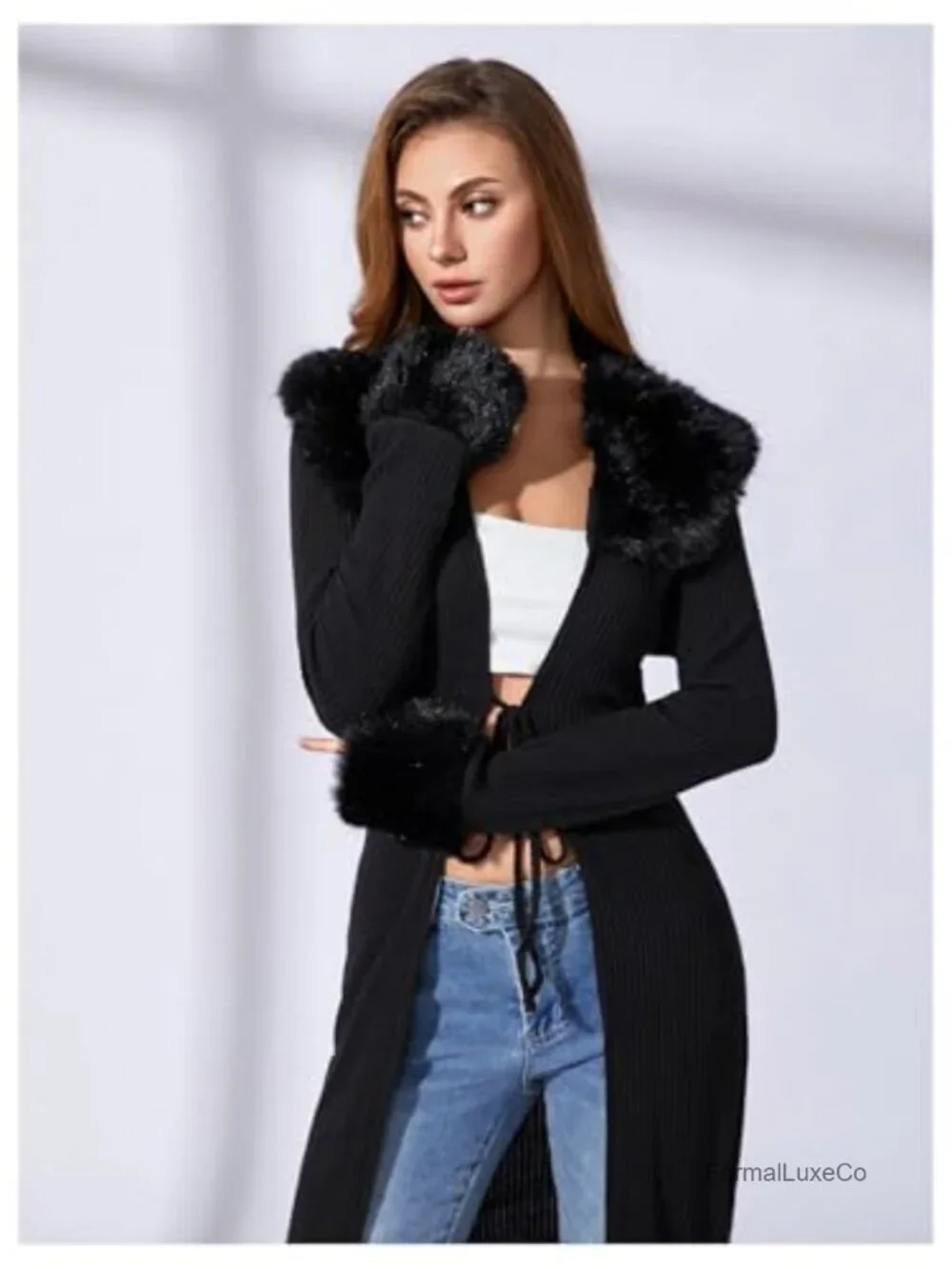 Y2K Long Cardigan with Faux Fur Trim Open Front Knit Sweater